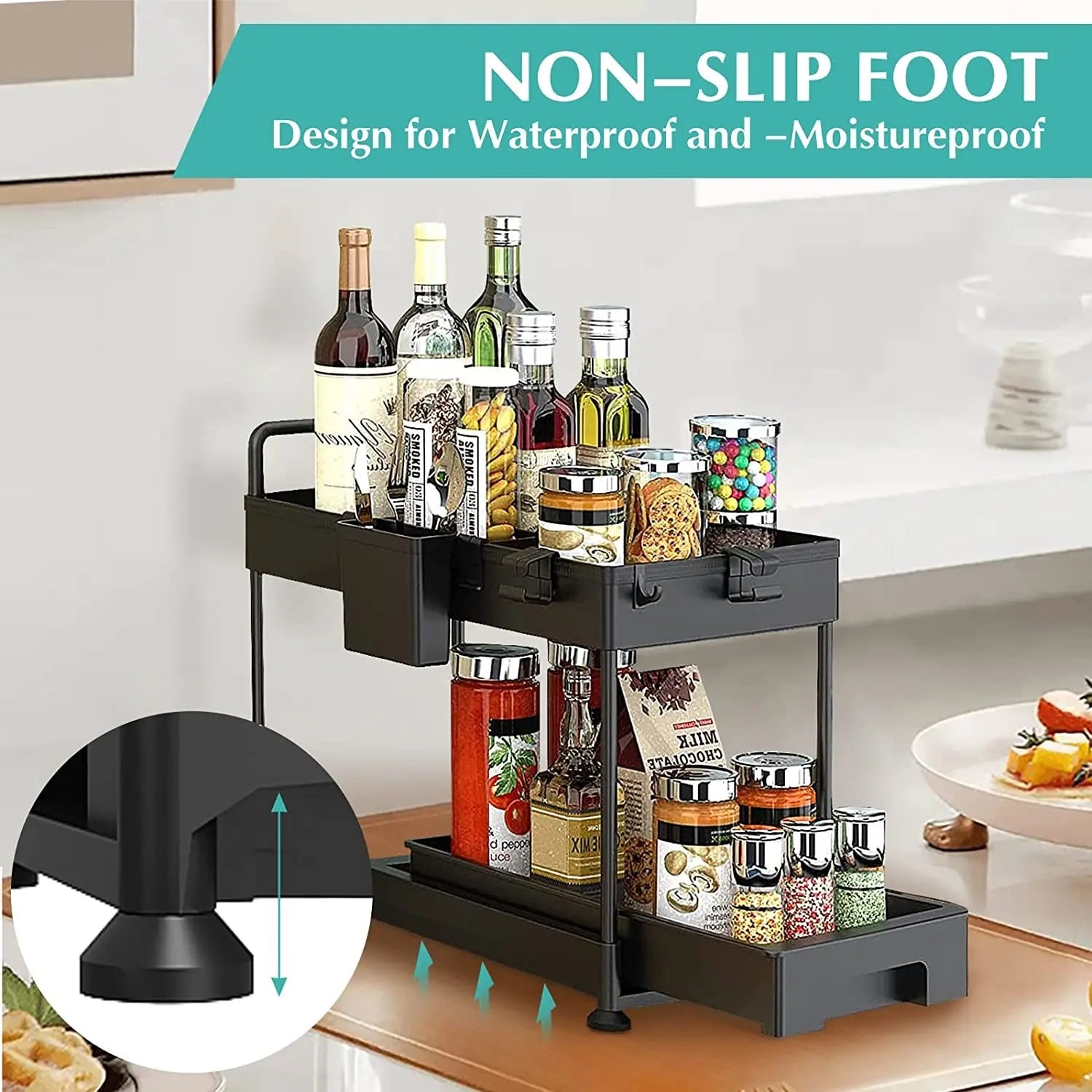 under Sink Organizers and Storage, Kitchen Storage Rack 2 Tier Drawer Pull-Able Cabinet Basket Organizer Bathroom Storage Rack with Hooks, DIY Removable Dividers (Black)