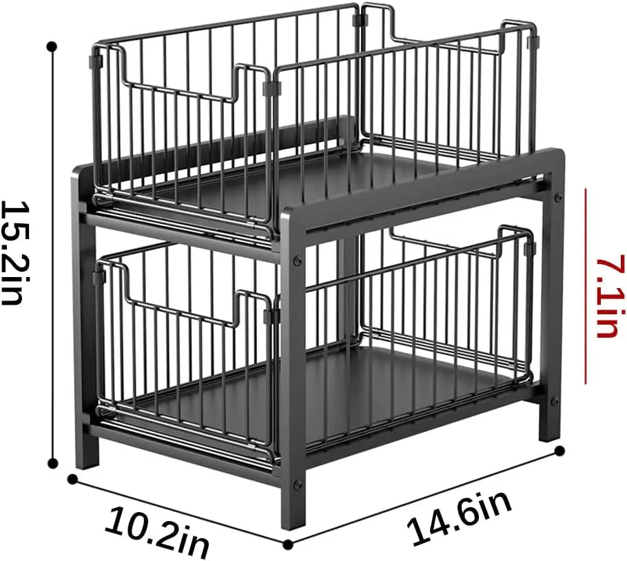 Under Sink Storage 2 Tier Stackable Sliding Basket Organizer Drawer Pull Out Drawer Sliding Basket for Kitchen and Bathroom/Cabinet Drawers,Black
