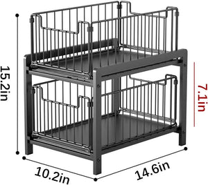 Under Sink Storage 2 Tier Stackable Sliding Basket Organizer Drawer Pull Out Drawer Sliding Basket for Kitchen and Bathroom/Cabinet Drawers,Black