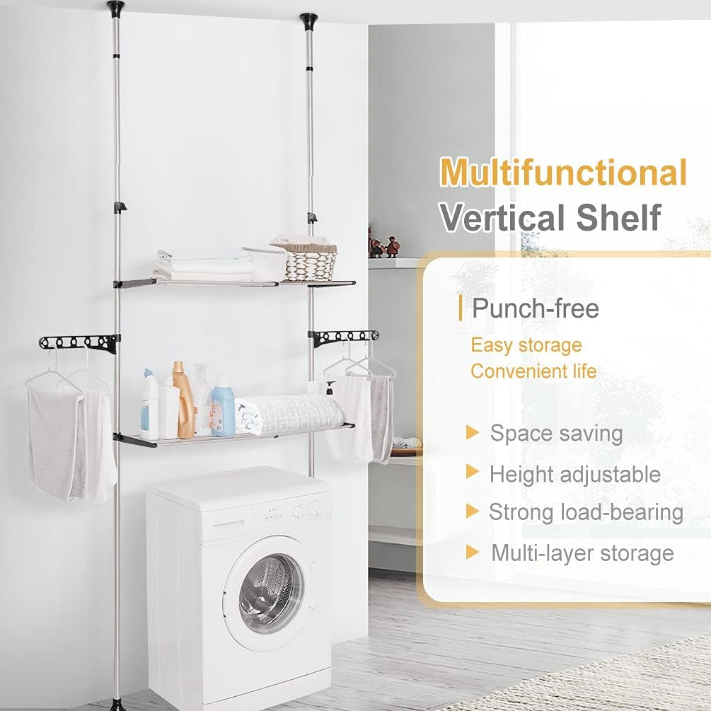 2-Layer Expandable Laundry Shelf over Washing Machine Storage Rack Tension Pole Space Saver Bathroom Organizer with Towels Clothes Hanger Hook