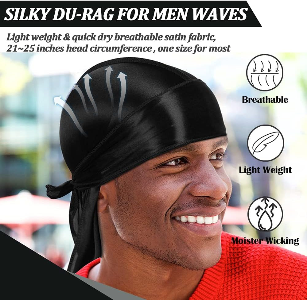 2 Pieces Silky Men Durag, Pack Durags Do Rags with Long Tail and Wide Straps for Men Women