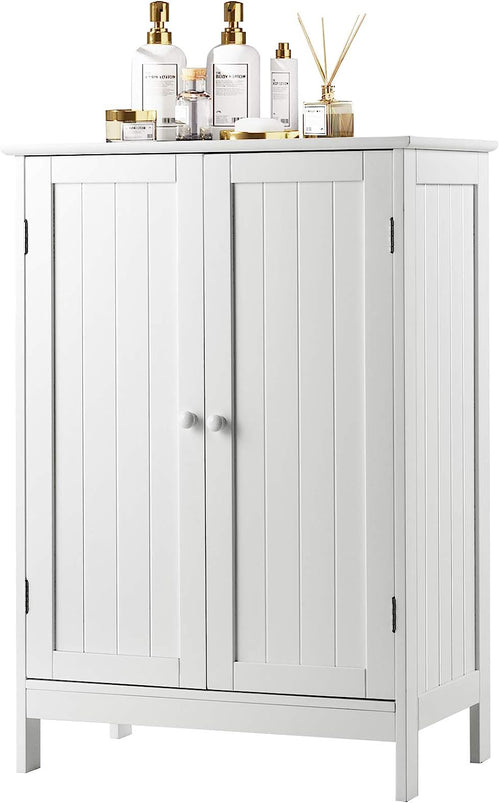 Bathroom Floor Cabinet W/Double Doors, Floor Storage Cabinet W/Shelf, Free Standing Toilet Storage Unit, Laundry Cupboard, Entryway Utility Organizer Cabinet for Bathroom, Kitchen (White)