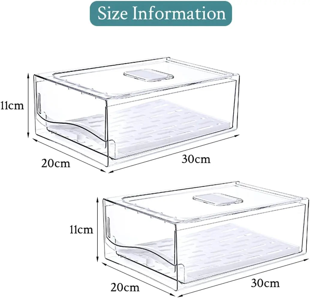 2 Pack Clear Stackable Fridge Drawers,Pull Out Fridge Organiser Bins with Lids、Drain Tray and Drawer,Large Food Container Storage Box for Fruit & Vegetable Storage