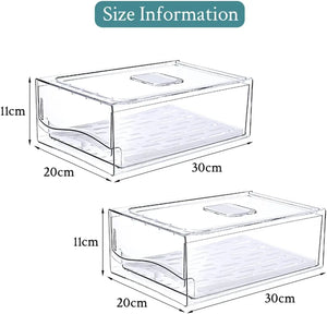 2 Pack Clear Stackable Fridge Drawers,Pull Out Fridge Organiser Bins with Lids、Drain Tray and Drawer,Large Food Container Storage Box for Fruit & Vegetable Storage