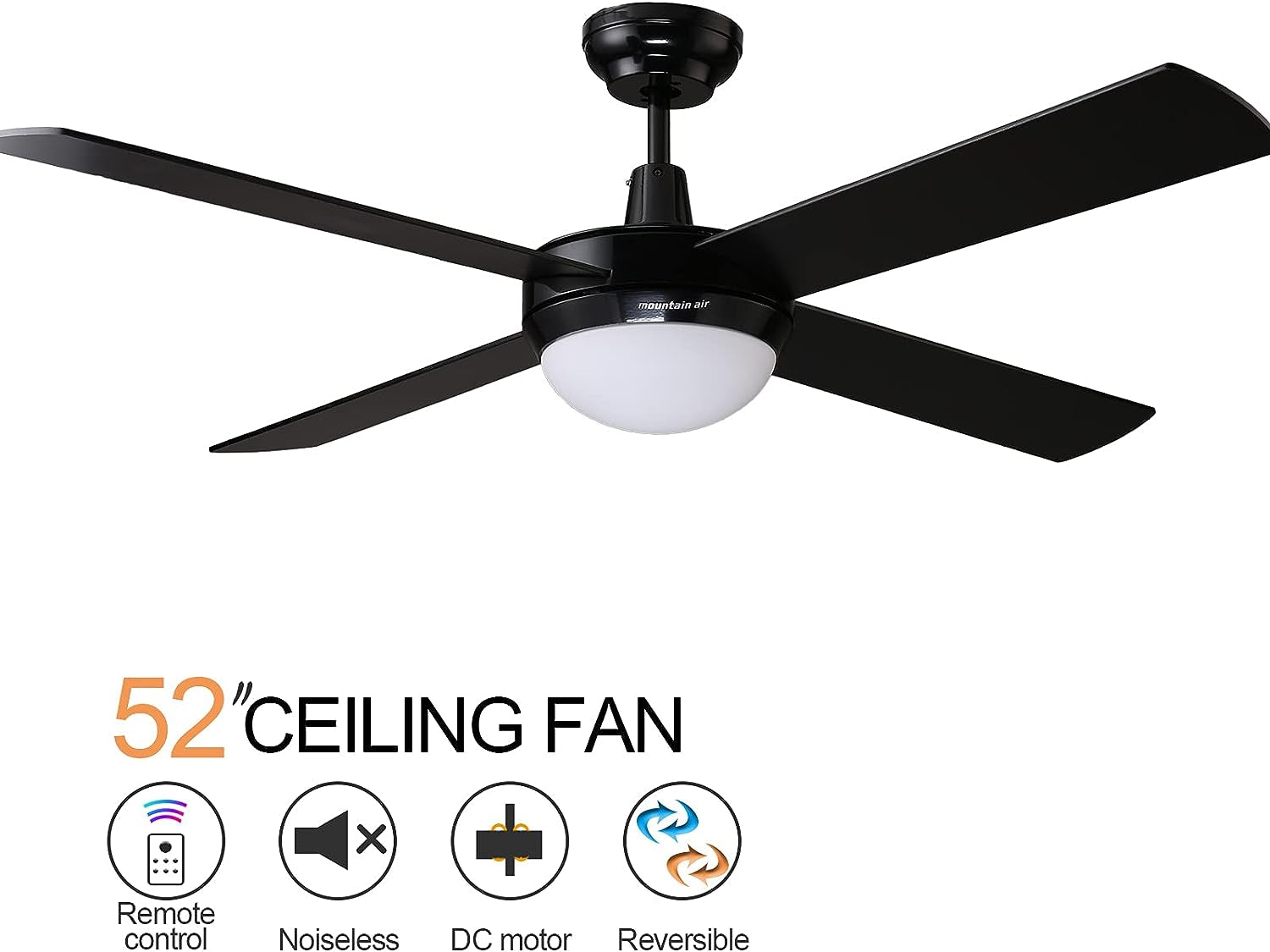Morden Black Ceiling Fans with LED Light Kit and Remote, DC Motor 4 Reversible Blades 6 Speed, SAA Certificate- 52" (1320Mm)
