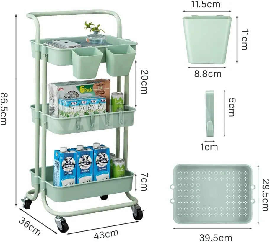 3 Tier Rolling Cart Organizer Kitchen Utility Cart with Wheels Kitchen Storage Cart on Wheels Spice Rack Organizer with Handle & Hooks & Cups Trolley Pantry Organizer Shelf Bathroom Accessories(Green)