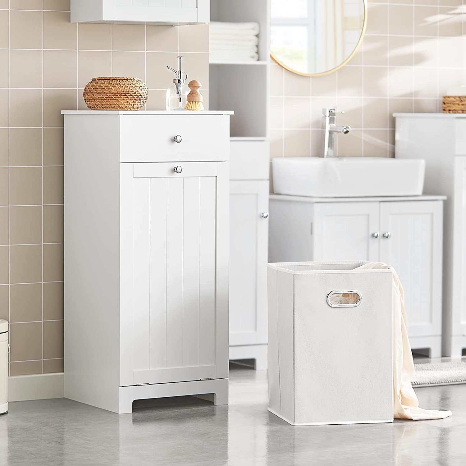 White Laundry Cabinet with Basket and Drawer, Tilt-Out Laundry Hamper, Storage Cabinet, BZR21-W