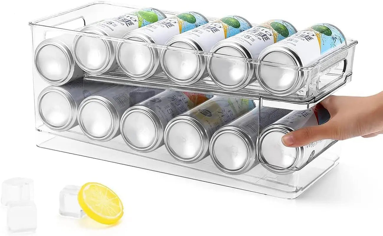 Fridge Organiser, Refrigerator Storage Bins with Rolling, 2-Tier Can Dispenser, Drink Food Storage, Home Kitchen Organisation, Soda Beverage Container, for Fridge Freezer Pantry Countertop Cabinets