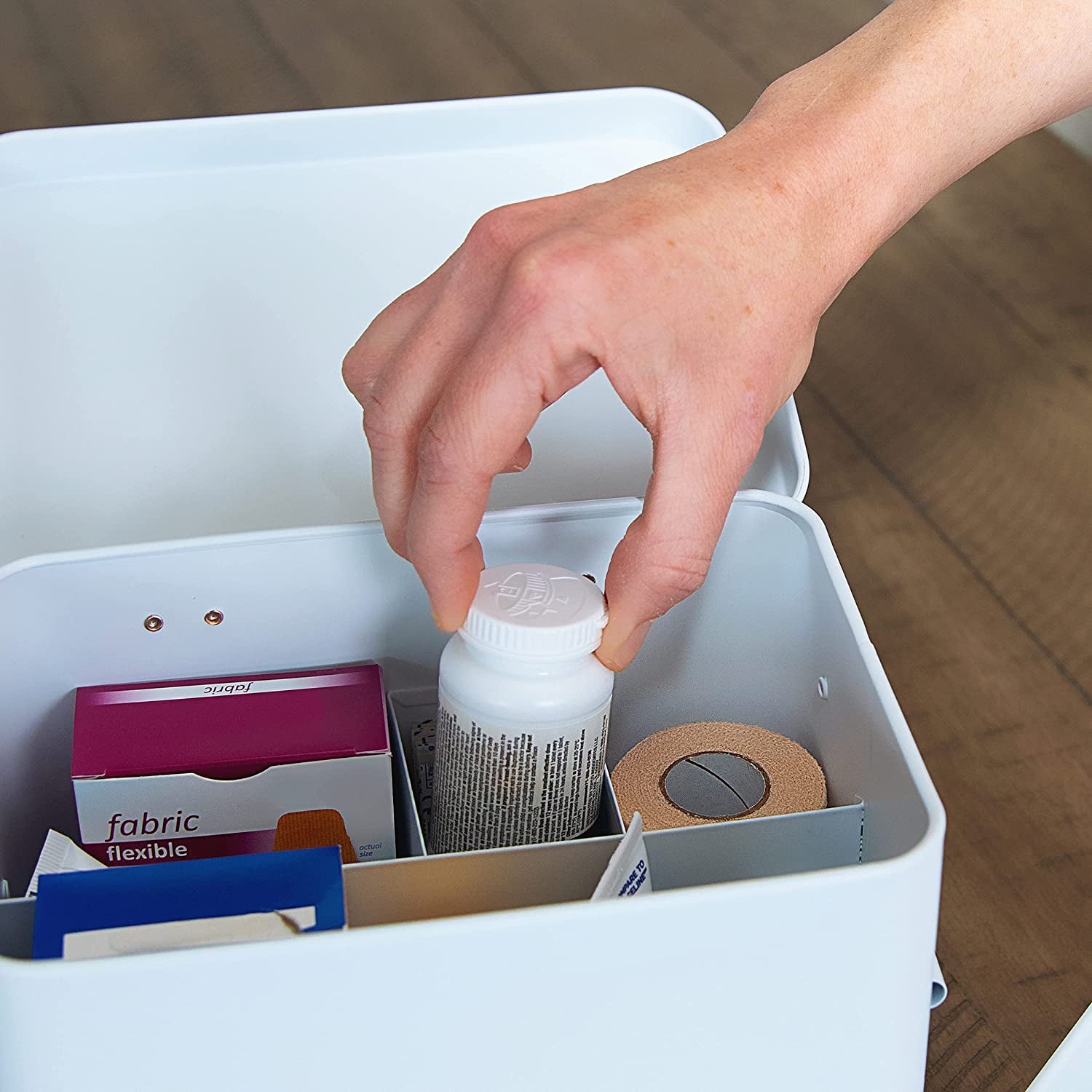 Organizational Divided Metal Tin Caddy with Hinged Lid & Removable Tray, Storage Box for First Aid, Medicine and Pharmacy Items, Bandages, Toiletries, Bathroom Supplies - Matte White & Black