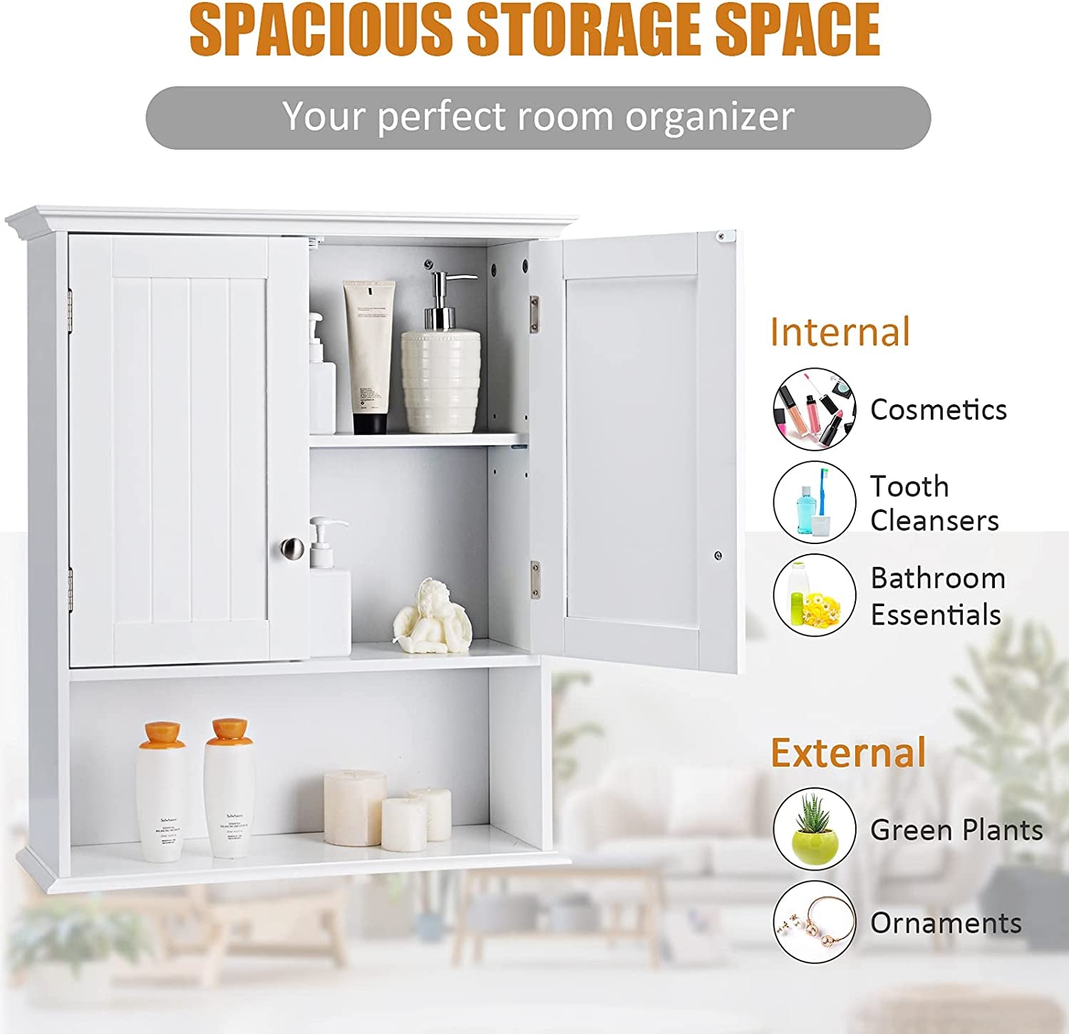 Bathroom Wall Cabinet, 2-Door Wall Mount Cabinet W/Hanging Design, Wooden Medicine Cabinet W/Adjustable Built-In Shelf, Kitchen/Laundry Storage Cupboard with Ample Storage Space (Gray/White)