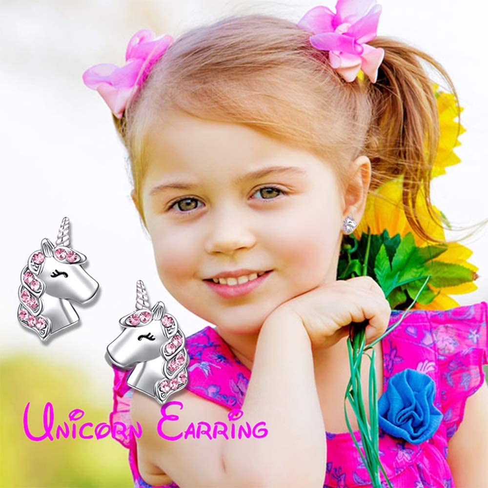 Pink Unicorn Stud Earrings Girls Cute Unicorn Earring Sparkling with Zircon for Little Girls Kids Jewelry Birthday Party