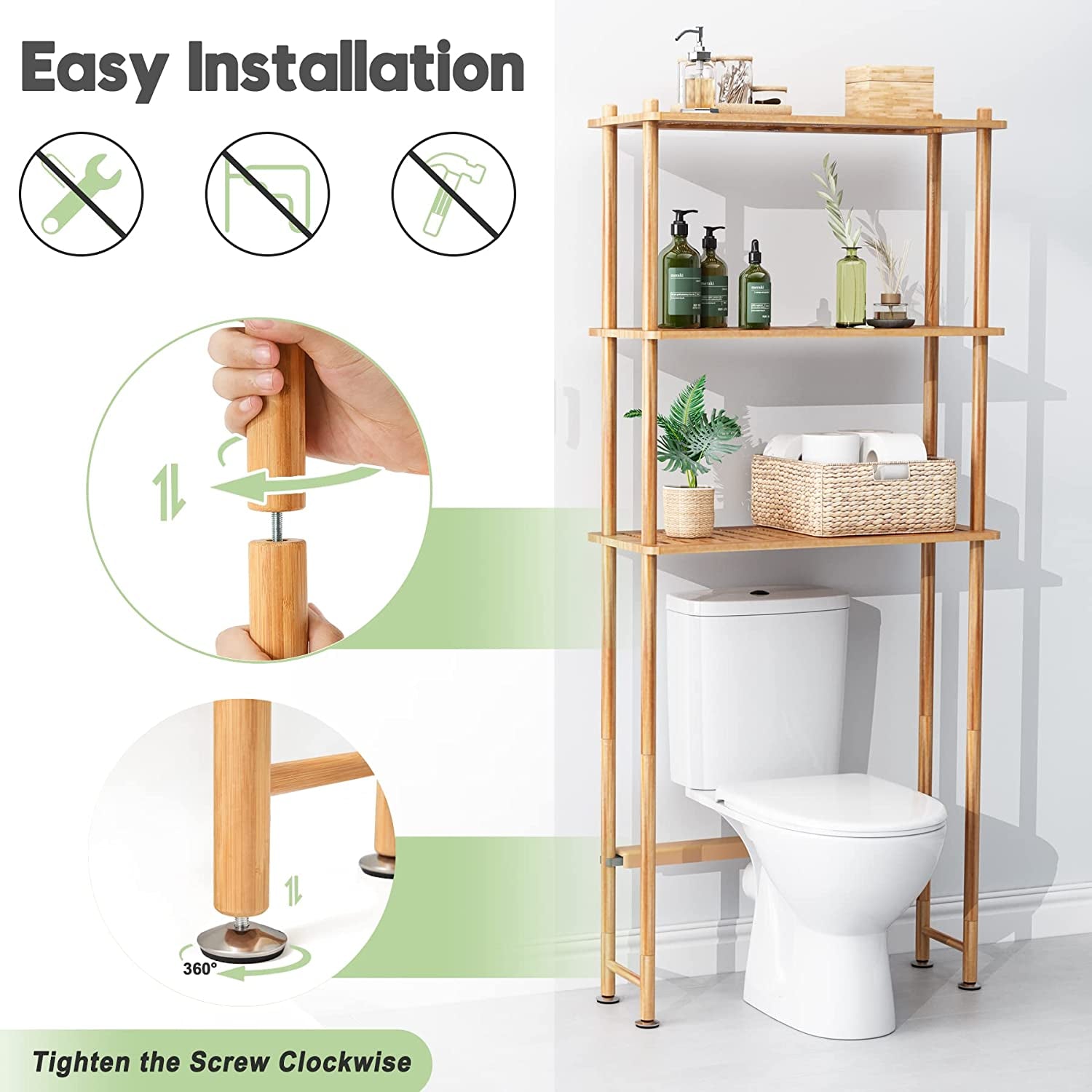 over the Toilet Storage Shelf Bamboo, 3-Tier over Toilet Organizer Rack, Freestanding above Toilet Shelf for Bathroom, Laundry, Space Saver, Natural Color