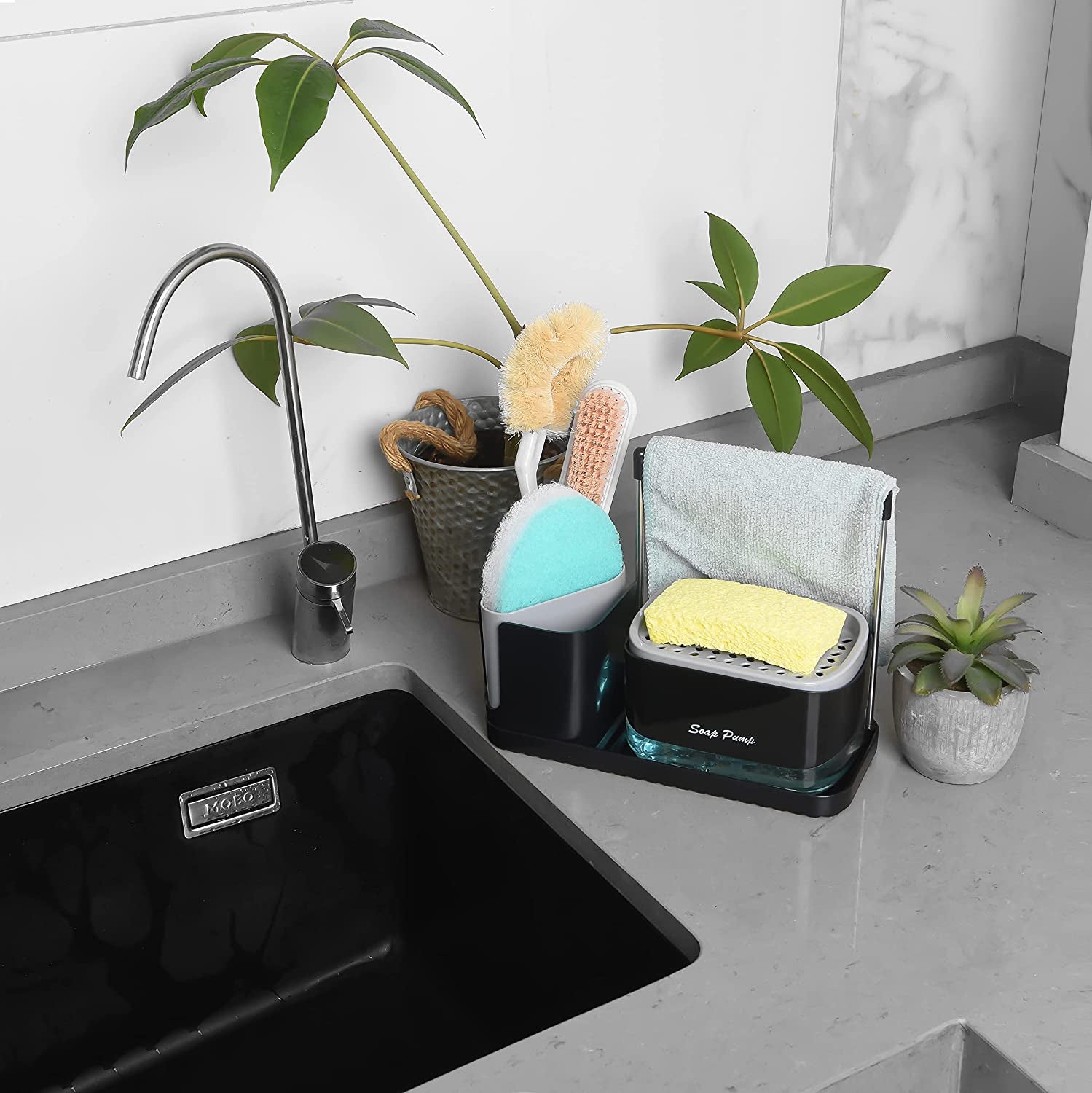 Kitchen Sink Organiser Caddy Set with Soap Pump Dispenser, Sponge Holder, Rack & Dish Brush Holder, Kitchen Storage Organizer Gadgets