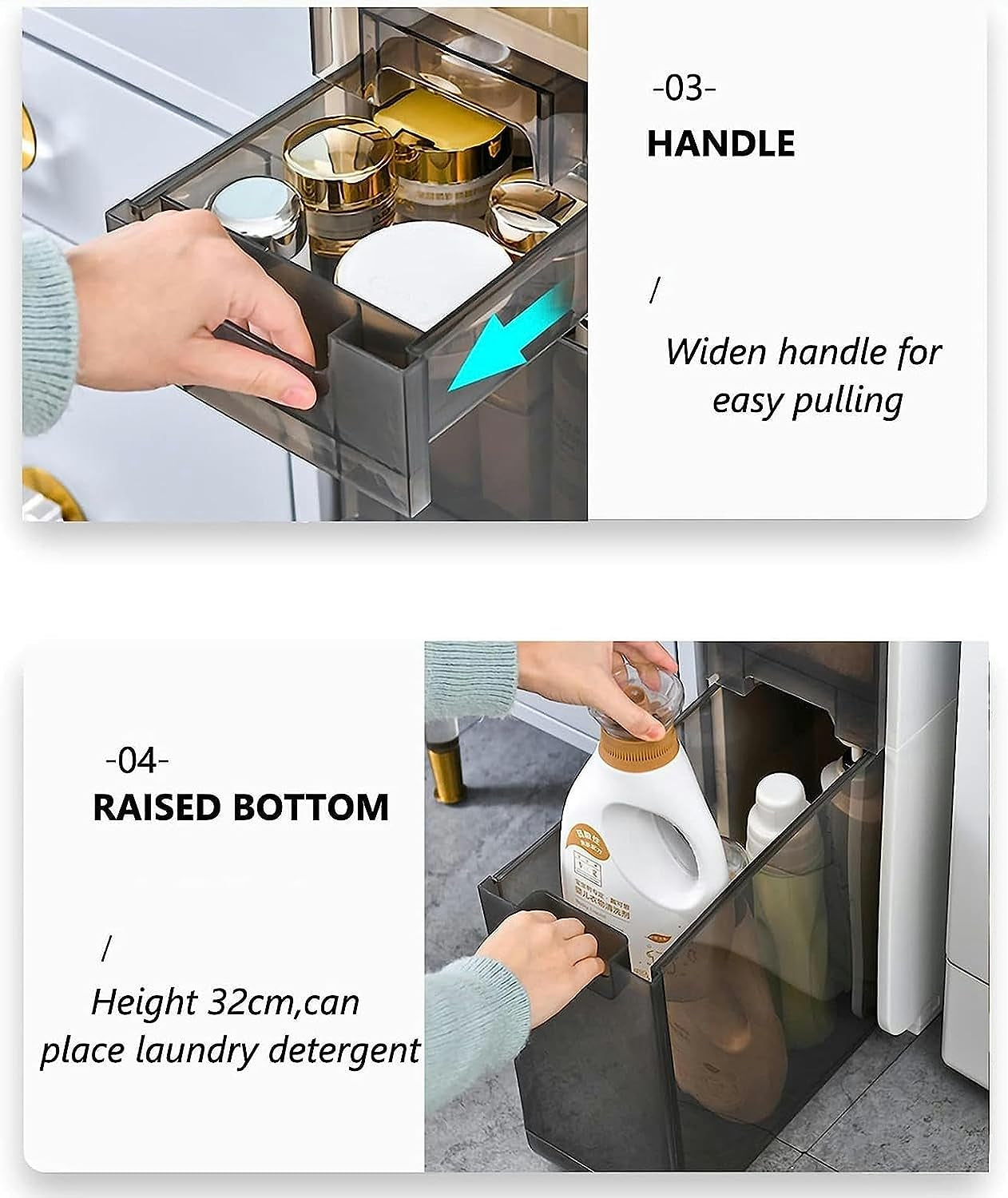 4 Tier Bathroom Floor Cabinet, Vertical Storage Unit with Clear Drawers and Casters, Narrow Tall Slim Storage Tower Waterproof Toilet Paper Storage Cabinet for Small Spaces Gaps