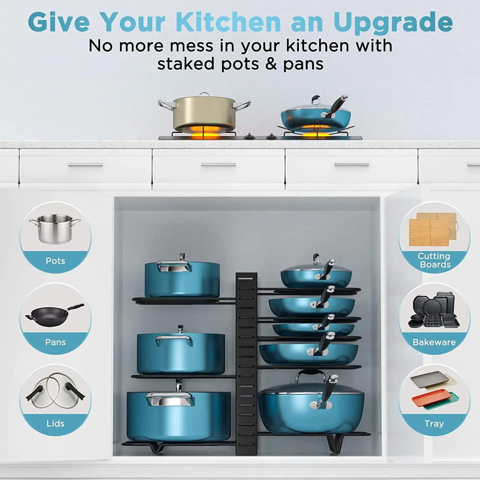 Pot Rack Organizers,8 Tier Pots and Pans Organizer,Adjustable Pot Rack & Pan Rack for Kitchen Counter and Cabinet,With 3 DIY Methods (Black)