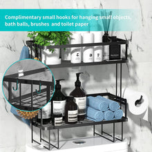 Load image into Gallery viewer, over Toilet Shower Caddy Storage Basket Shelf, 2 Tier Bathroom Storage Organizer, Free Standing Restroom Organizers for Paper Towels Shampoo, with Adhesive Base and Hooks, Space Saver
