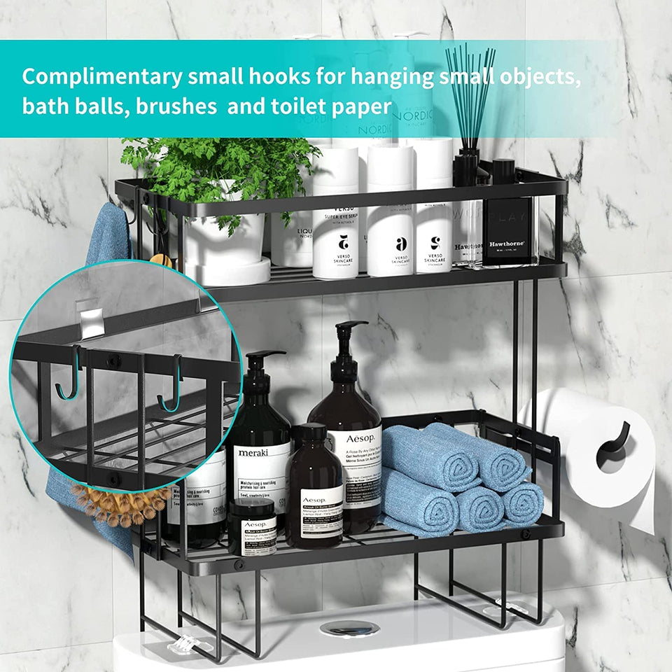 over Toilet Shower Caddy Storage Basket Shelf, 2 Tier Bathroom Storage Organizer, Free Standing Restroom Organizers for Paper Towels Shampoo, with Adhesive Base and Hooks, Space Saver