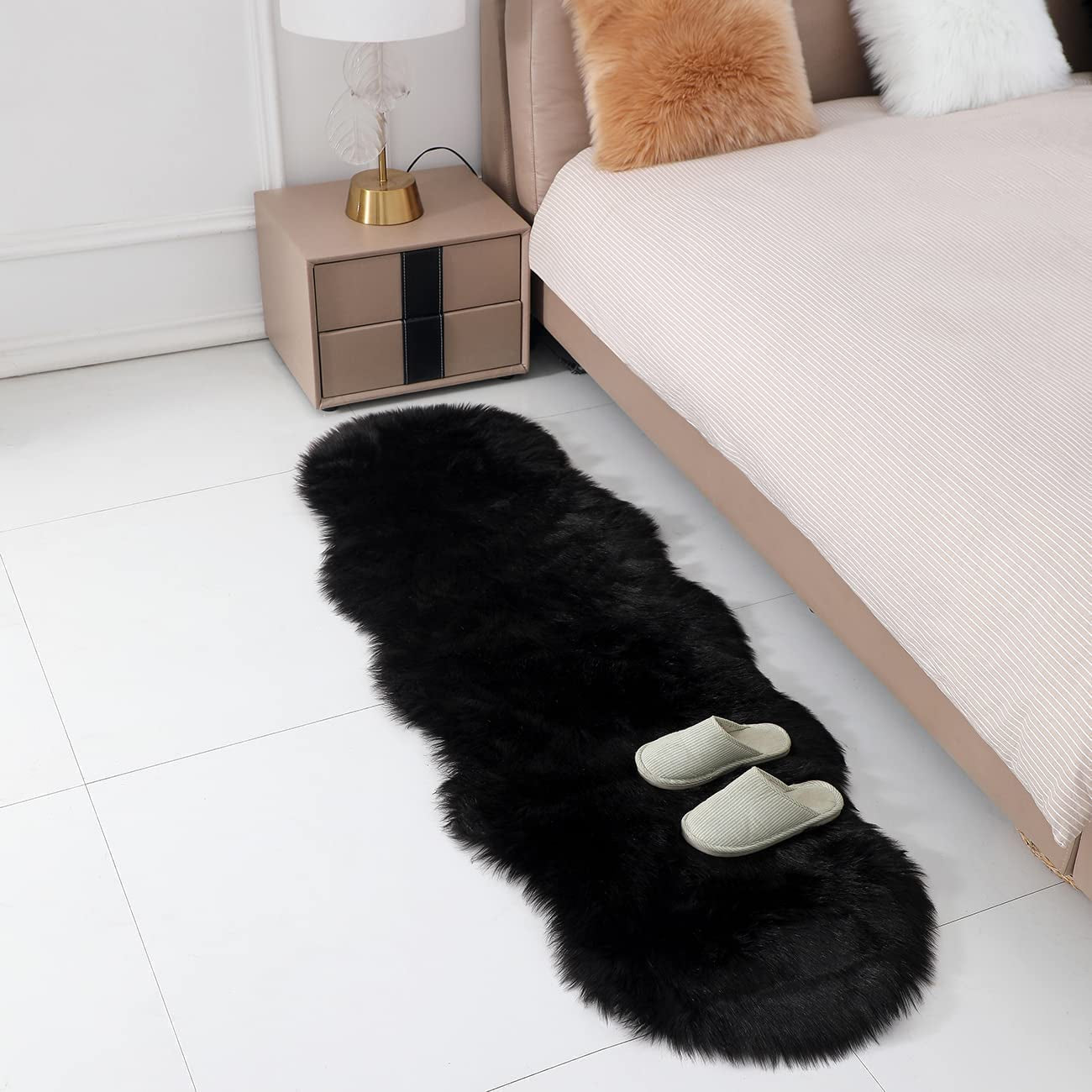 Soft Fluffy Rug Faux Sheepskin Fur Area Rug Shaggy Couch Cover Seat Cushion Furry Carpet beside Rugs for Bedroom Floor Sofa Living Room Runner, 60X180Cm (Black)