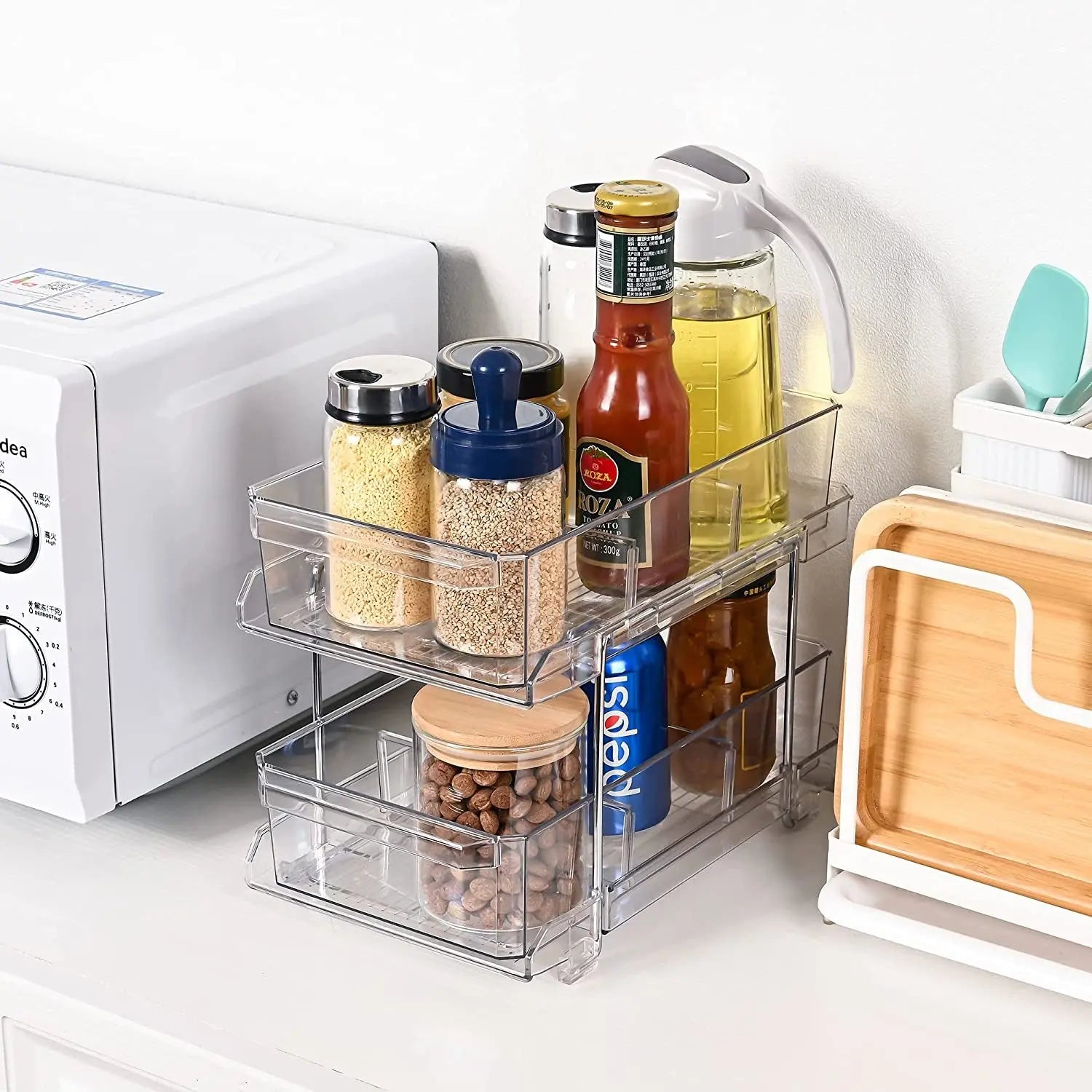 2 Tier Clear Organizer with Dividers, Multi-Purpose Slide-Out Kitchen Pantry Storage Container, Bathroom Vanity Counter Organizing Tray, under Sink Closet Organization, Medicine Cabniet Storage Bins