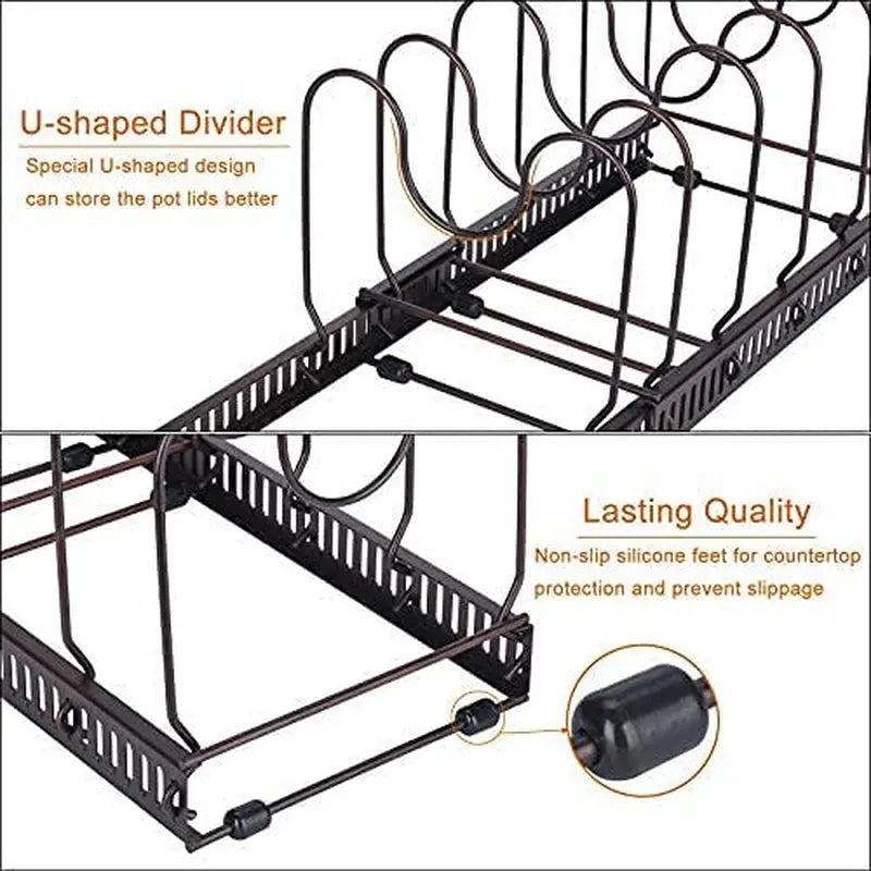 Expandable Pans Organizer Rack, 10 Adjustable Compartments, Cookware Holder for Pantry or Cabinet, Black