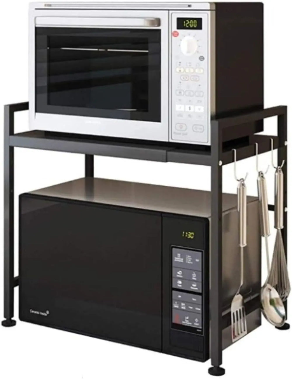 Expandable Microwave Oven Rack. Adjustable Length and Height Kitchen Stand Counter Shelf with 3 Hooks for Kitchen Storage & Organization, Black (1 Tier)