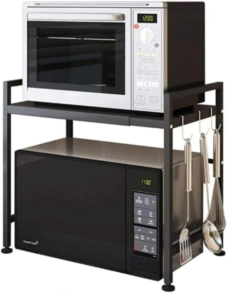 Expandable Microwave Oven Rack. Adjustable Length and Height Kitchen Stand Counter Shelf with 3 Hooks for Kitchen Storage & Organization, Black (1 Tier)