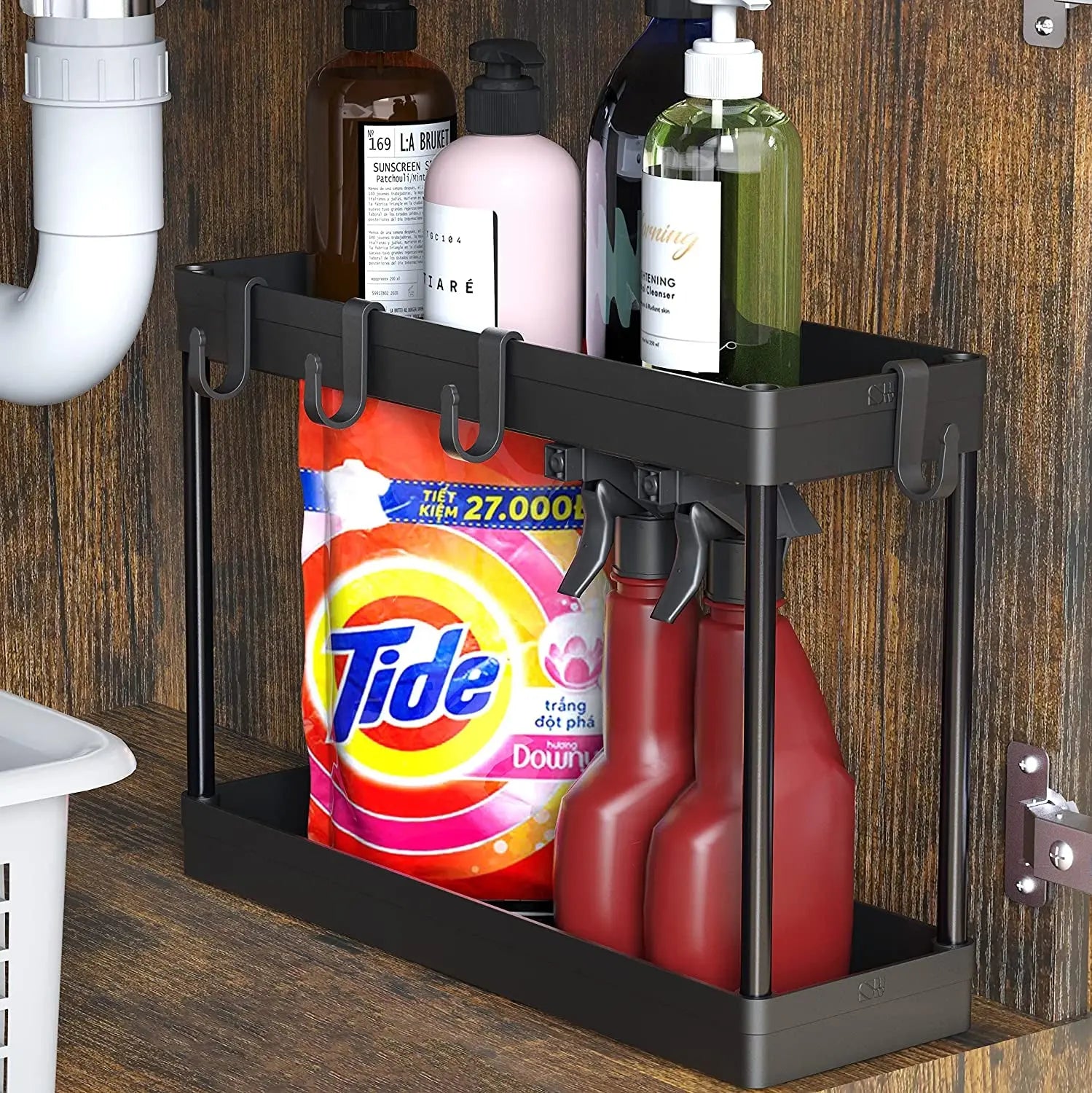 Simplehouseware 2-Tier under Sink Organizer Storage Tray with Hooks, Black