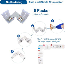 Load image into Gallery viewer, LED Light Strip Connectors, 10Mm Unwired 4 Pin RGB LED Lights Connectors Kit, 12 Gapless Connectors, 6 L Shape Connectors for SMD 5050 Multicolor LED Strip 12V-24V with 20 Wire Clips, Open Tool
