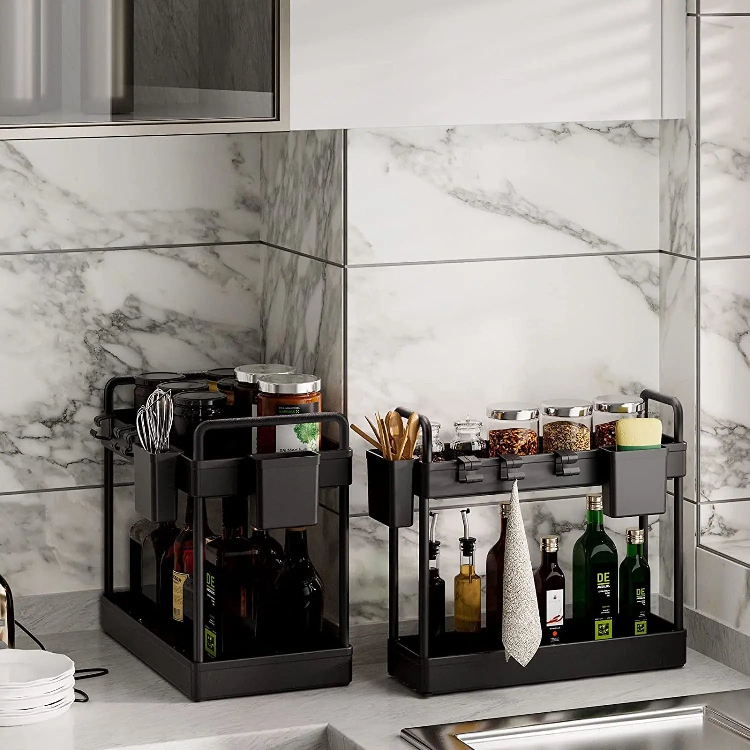 2 Pack under Sink Organizers and Storage, 2 Tier Kitchen Cabinet Organizer with Cups and Hooks, Desktop Kitchen Organization, Black Multi-Purpose Bathroom under Sink Shelf Organizer Basket