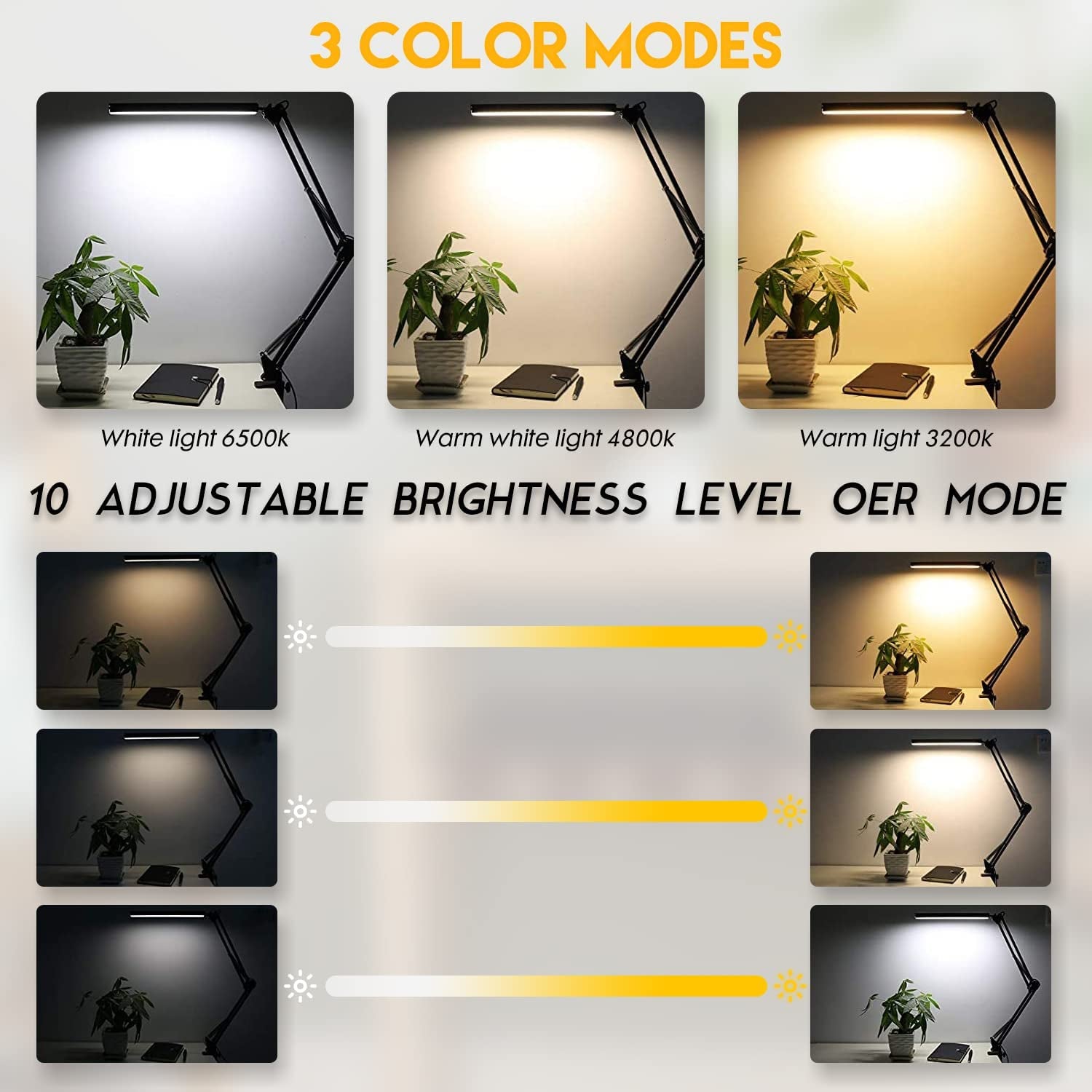 LED Desk Lamp with Clamp, Eye-Caring Clip-On Reading Lamp, with 3 Color Modes 10 Brightness Levels Swing Arm Lamp, Dimmable USB Office Light, Daylight Lamp for Desk Accessories, Work Bench, Architect (Black)