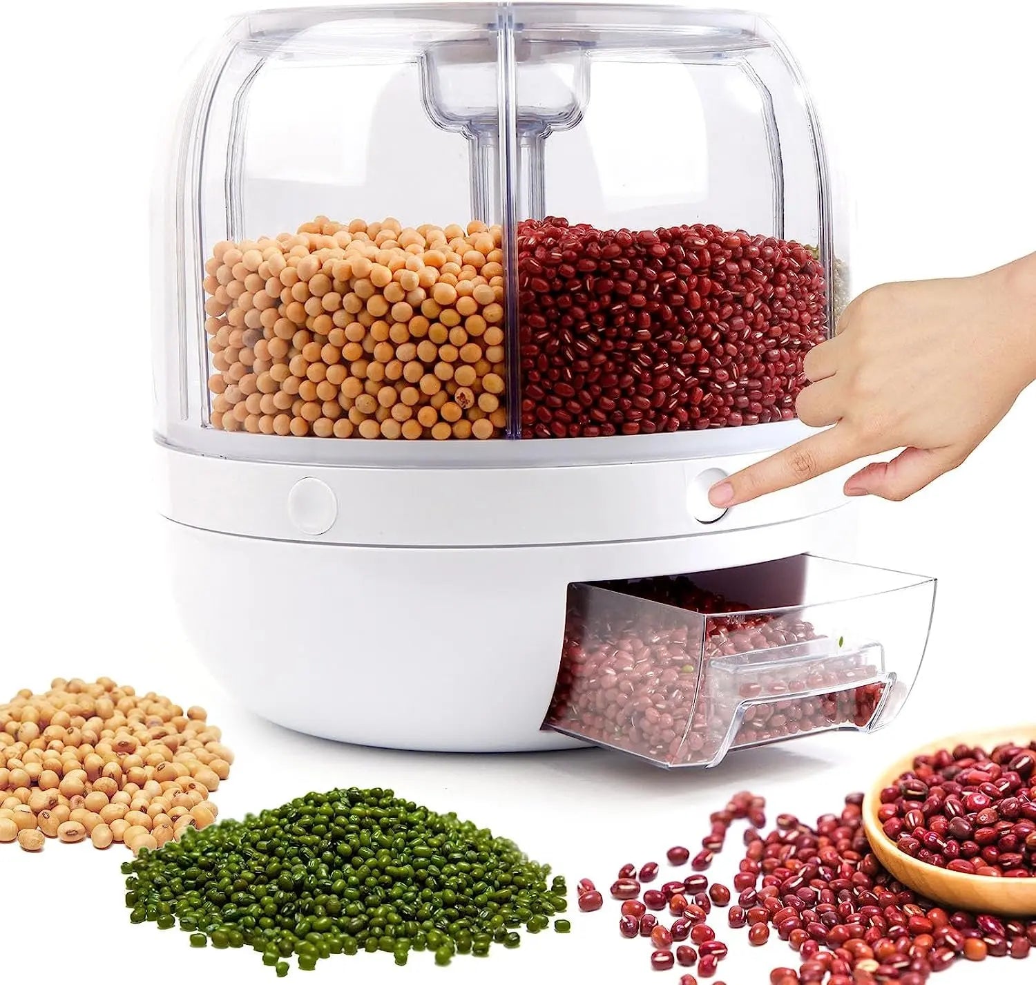 Gingersun 6In1 Rotating Grain Dispenser, 6 Compartment 360° Rotating Rice Storage Cereal Container Box Kitchen Food Divided Case with Measure Cup, 8KG Capacity