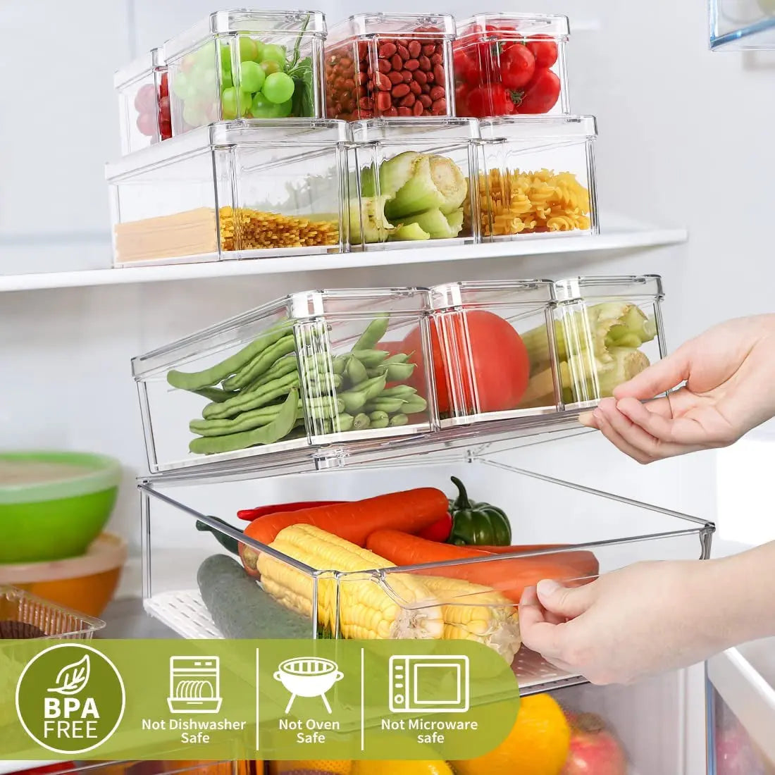 10 Pack Refrigerator Pantry Organizer Bins, Stackable Fridge Bins with Lids, Clear Plastic Food Storage for Kitchen, Countertops, Cabinets, Fridge, Drinks, Fruits, Vegetable, Cereals