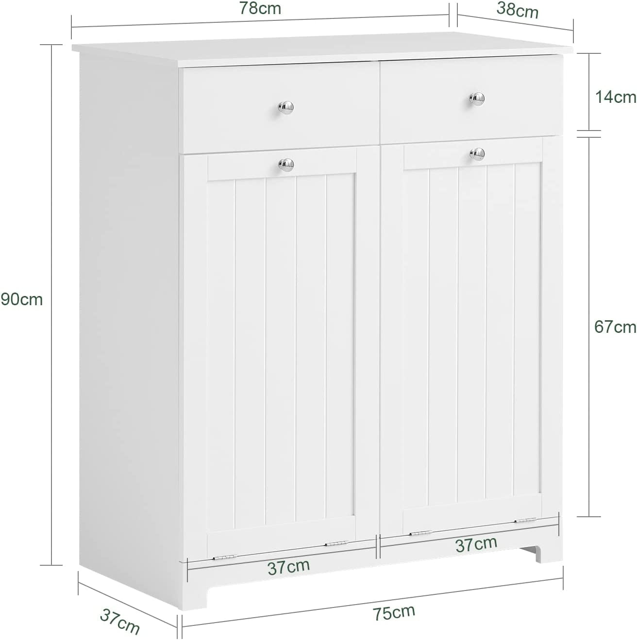 BZR33-W, 2 Drawers 2 Doors Laundry Cabinet Laundry Chest with 2 Removable Laundry Baskets, Bathroom Cabinet