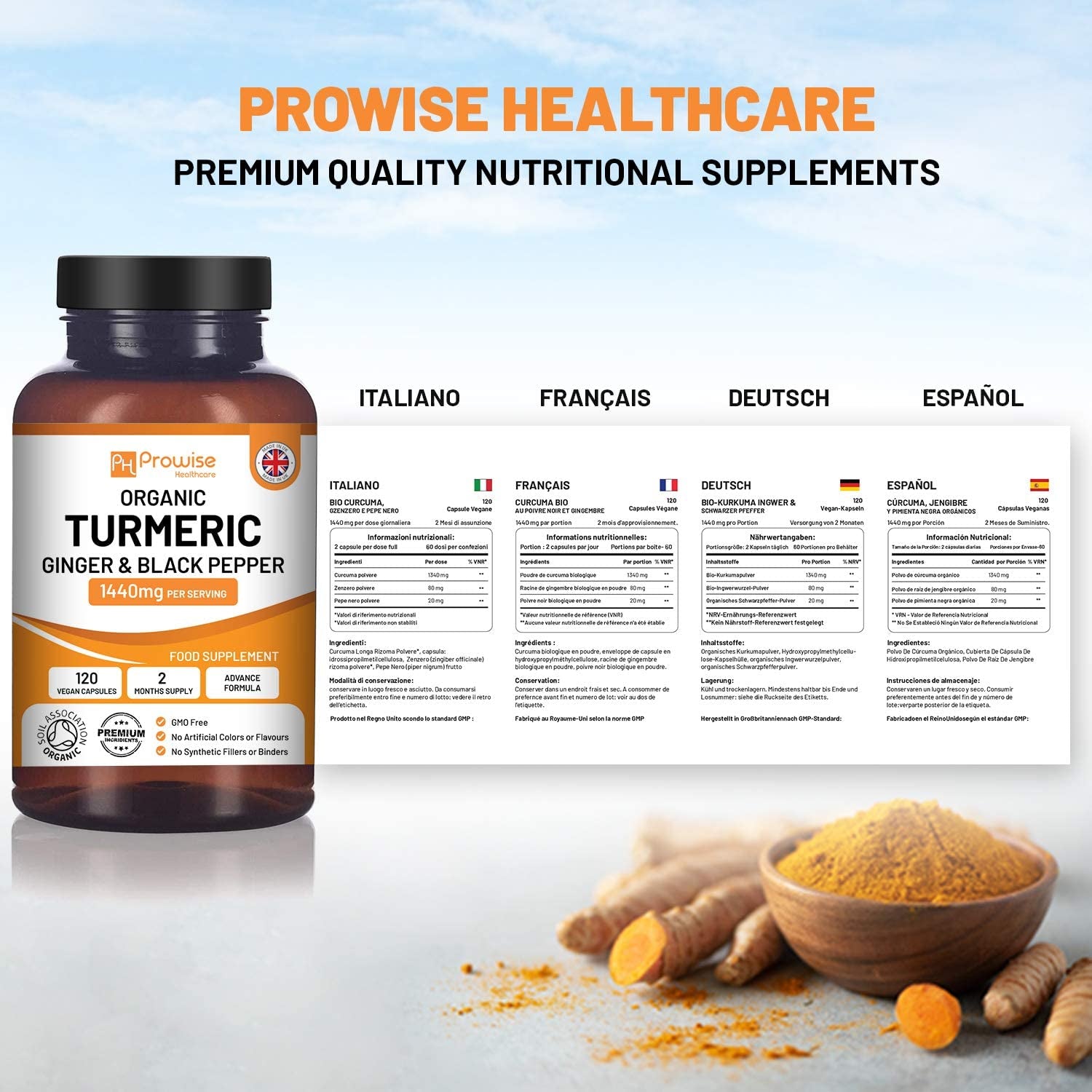 Turmeric Curcumin 1440Mg with Black Pepper & Ginger I 120 Vegan Turmeric Capsules High Strength (2 Month Supply) I Made in the UK by Prowise Healthcare