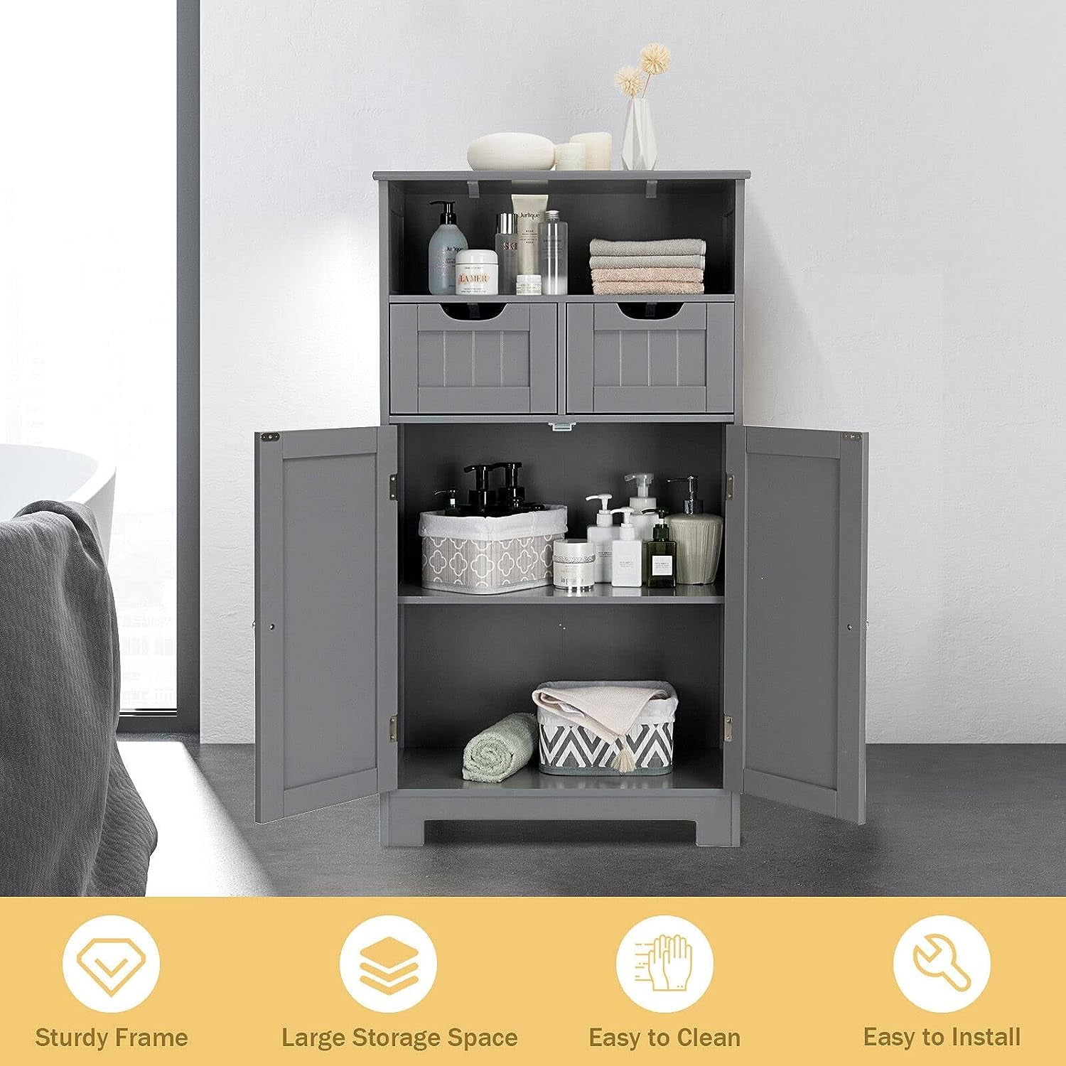 Bathroom Floor Cabinet, Storage Cabinet W/One Open Shelf Two Doors and Two Adjustable Drawers, Standing Cupboard for Kitchen, Cabinet for Living Room Bathroom Bedroom Home Office (Grey)