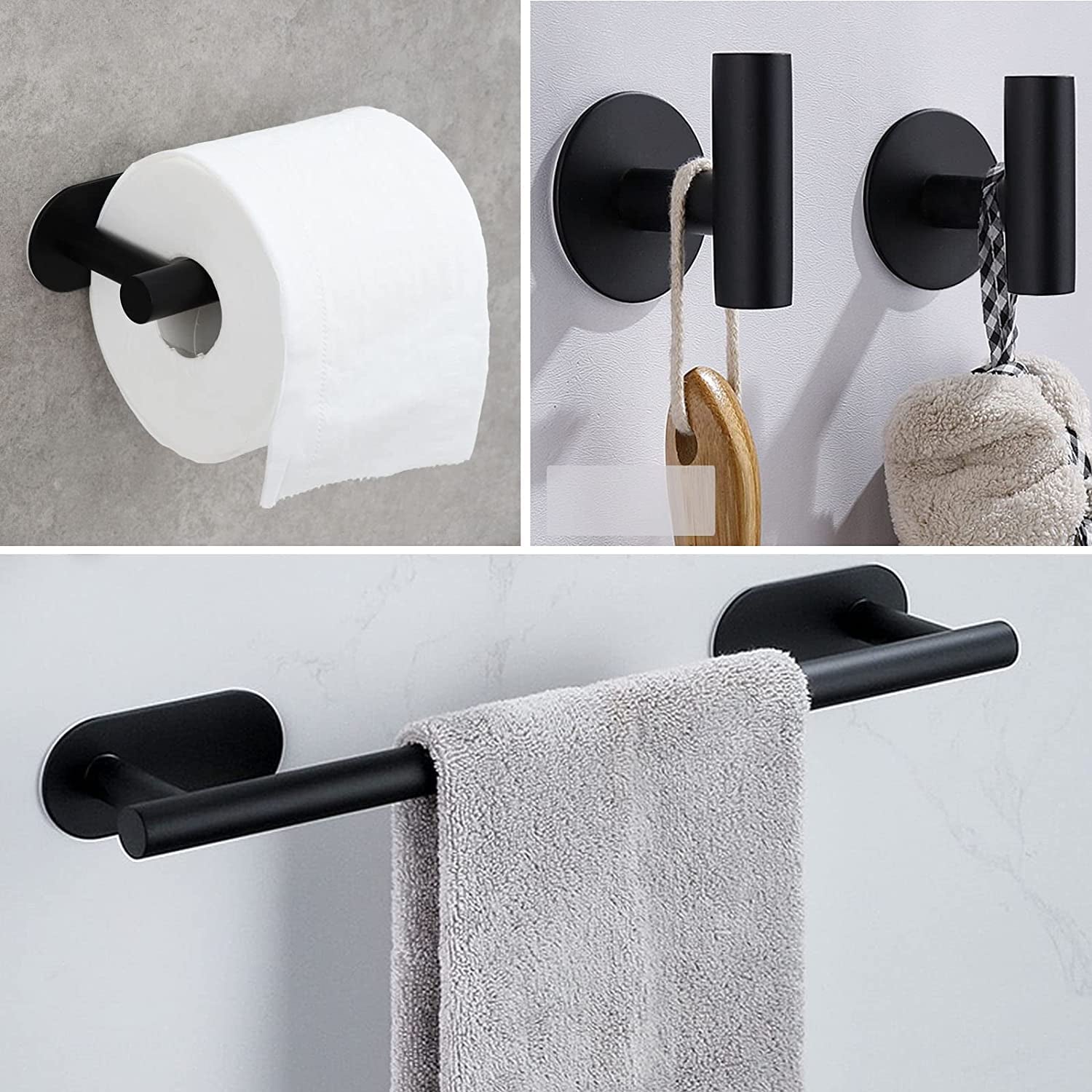 Adhesive Towel Bar,Bath Towel Bars/15.7-Inch Bathroom Towel Hanger Kitchen Storage Organizer SUS304 Stainless Steel Wall Mount (Black 5-Piece Set)