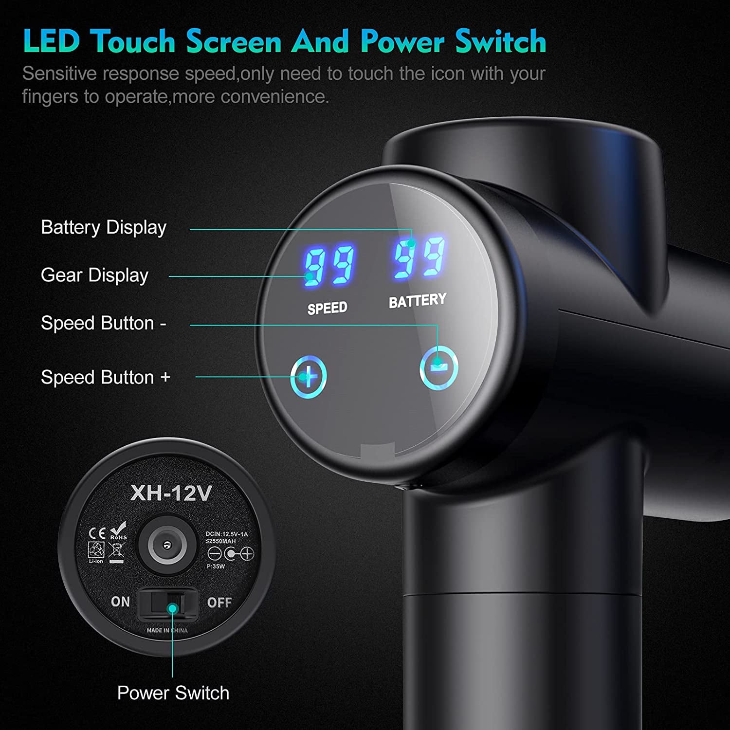 Massage Gun Electric Muscle Massager Deep Tissue 99 Speeds 2550Mah 3300 RPM Low Noise LED Touch Screen with 8 Replaceable Heads