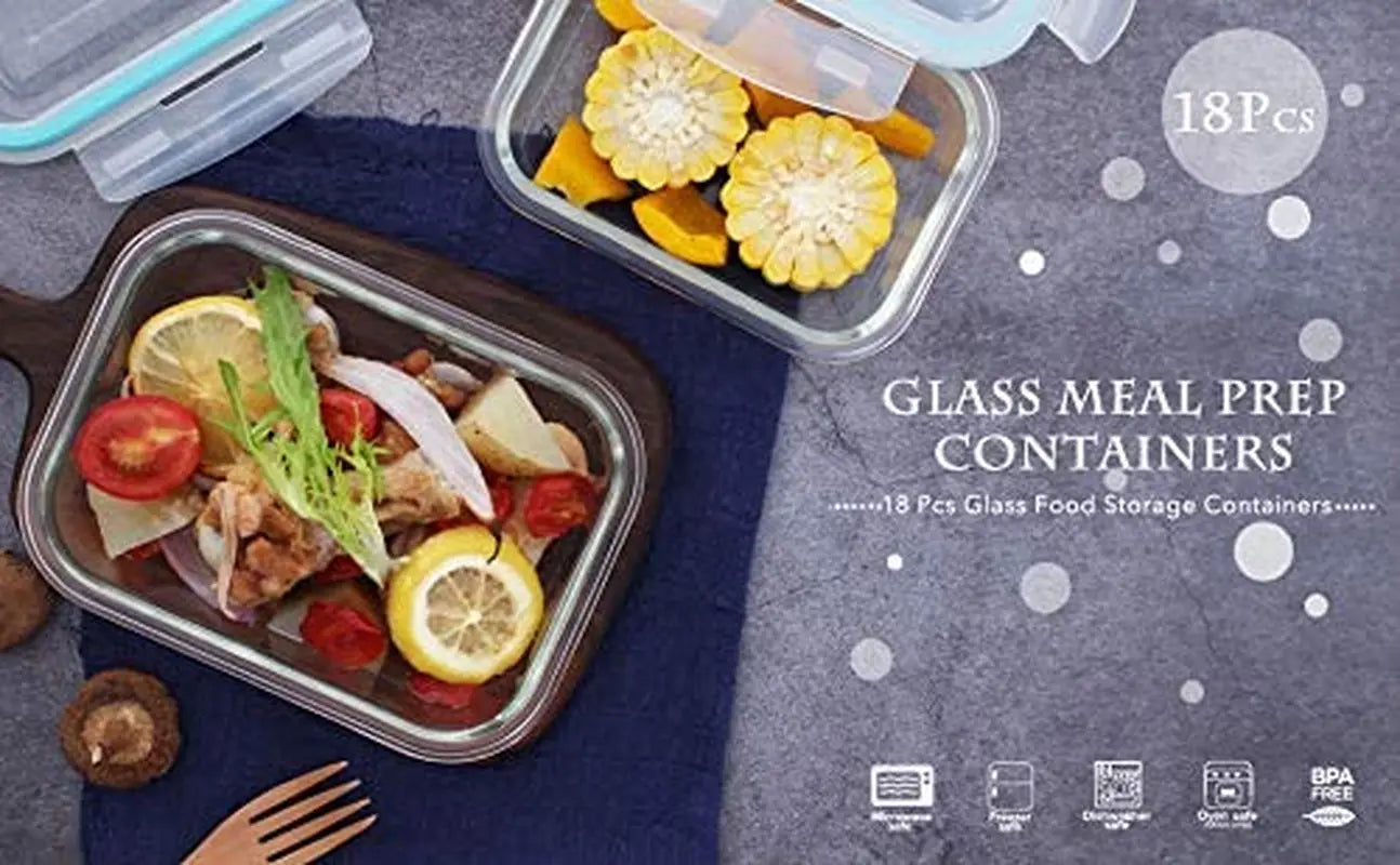 Glass Food Storage Containers with Lids - Glass Containers with Lids for Food - Reusable Bento Box Glass Lunch Containers with Locking Lids - Glass Meal Prep Containers - BPA Free & FDA Approved(9 Pack)
