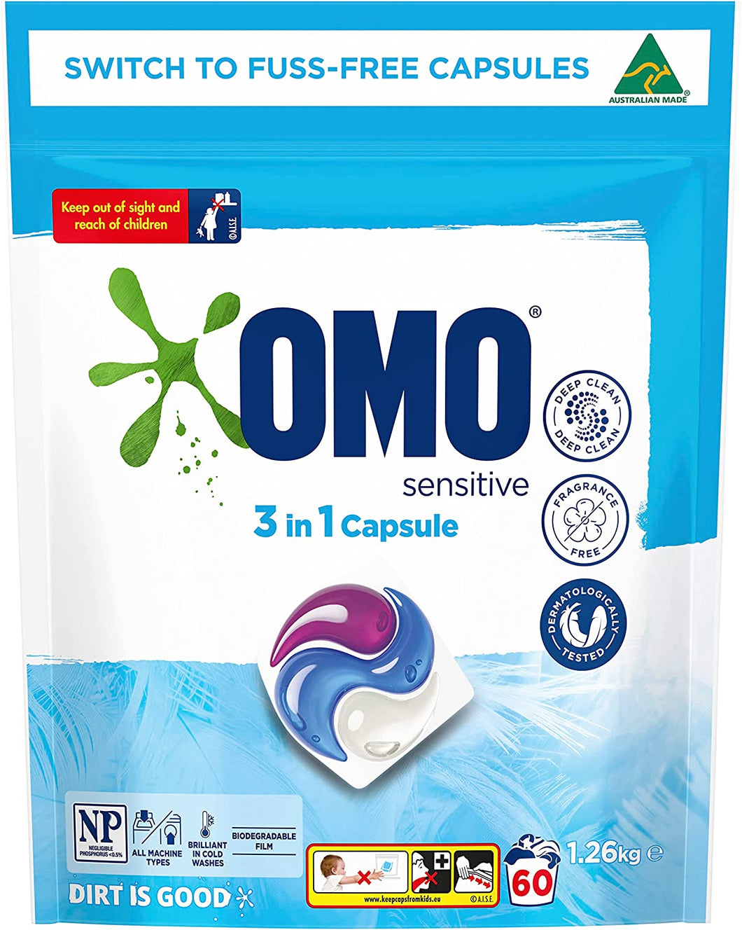 Sensitive 3 in 1 Laundry Detergent Liquid Capsules 60 Washes, 1.26Kg, Fragrance Free