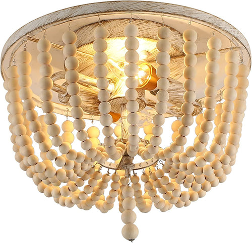 Wood Beaded Chandelier,2 Lights Semi Flush Mount Ceiling Light Fixtures,Oak White Boho Farmhouse Light Fixture for Hallway Bedroom Kitchen Living Room Foyer