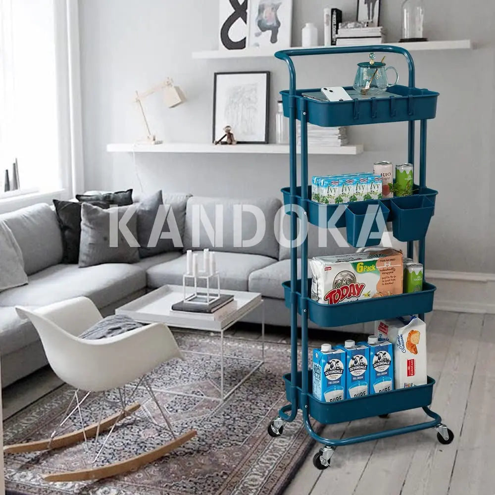 4 Tier Rolling Cart Organizer Kitchen Utility Cart with Wheels Kitchen Storage Cart on Wheels Spice Rack Organizer with Handle & Hooks & Cups Trolley Pantry Organizer Shelf Bathroom Accessories(Blue)