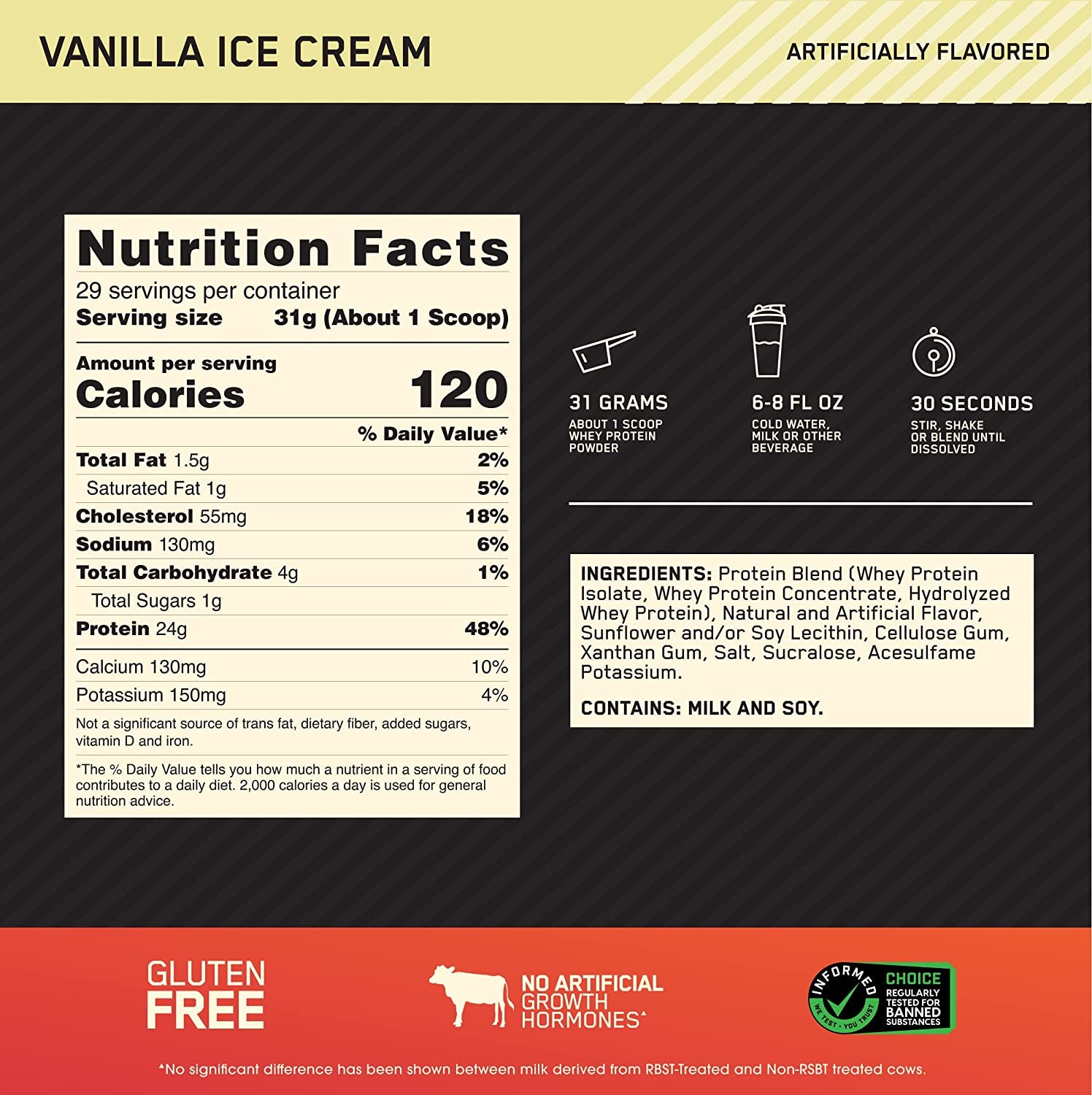 Gold Standard 100% Whey Protein Powder, Vanilla Ice Cream, 907G