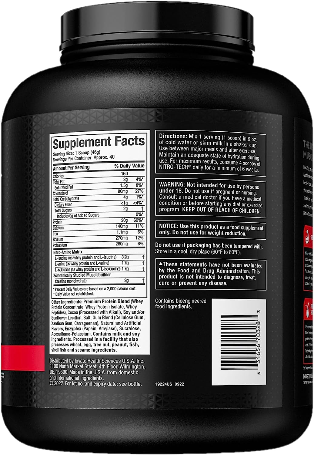 Whey Protein Powder,  Nitro-Tech Whey Protein Isolate + Peptides, Lean Protein Powder with Creatine, Sports Nutrition Protein Powder for Men & Women, Chocolate, 1.81Kg (40 Servings)