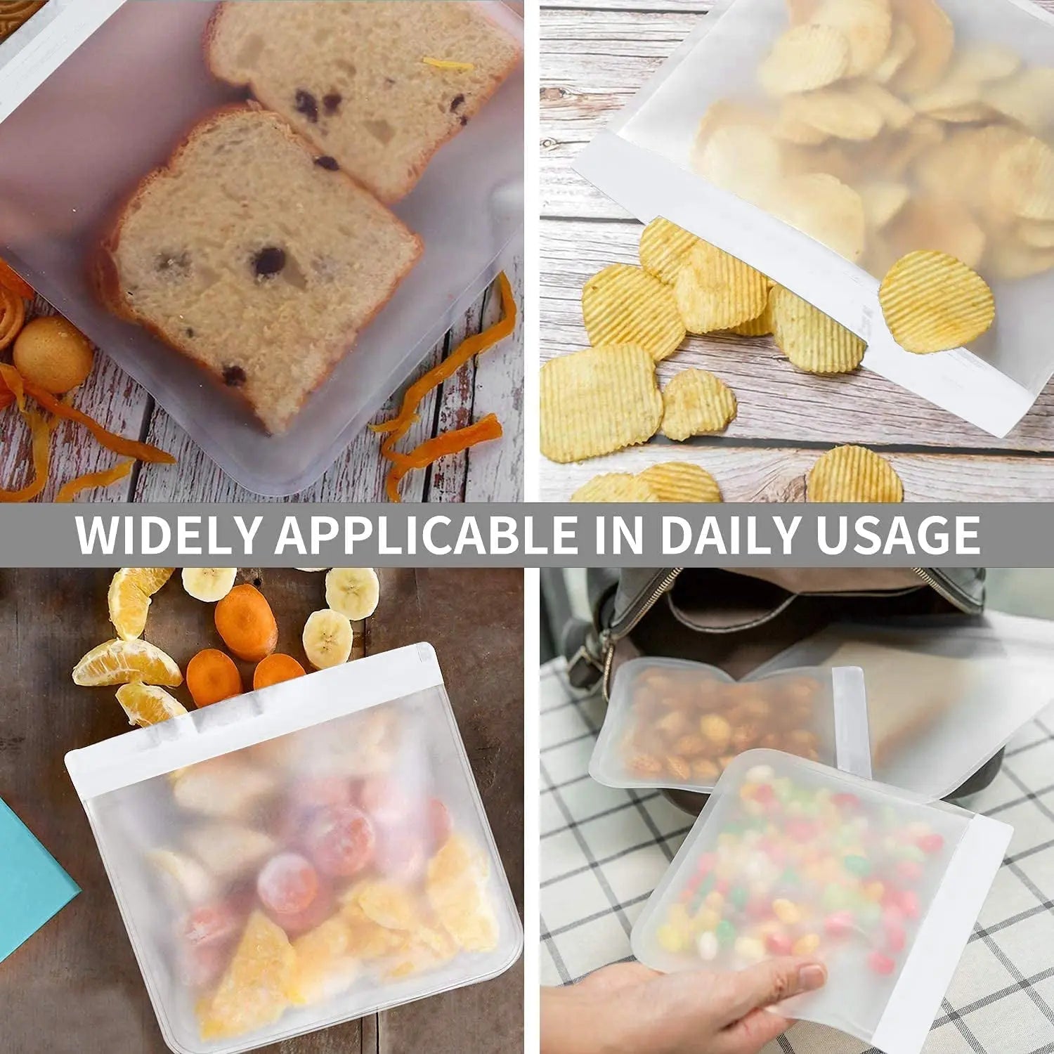 6 Pcs Reusable Gallon Ziploc Organization Bags, Large Capacity Fridge Freezer Bags Silicone Kitchen Storage & Organisation Pouch Bags for Sandwich Baby Food Storage (Blue+Clear)