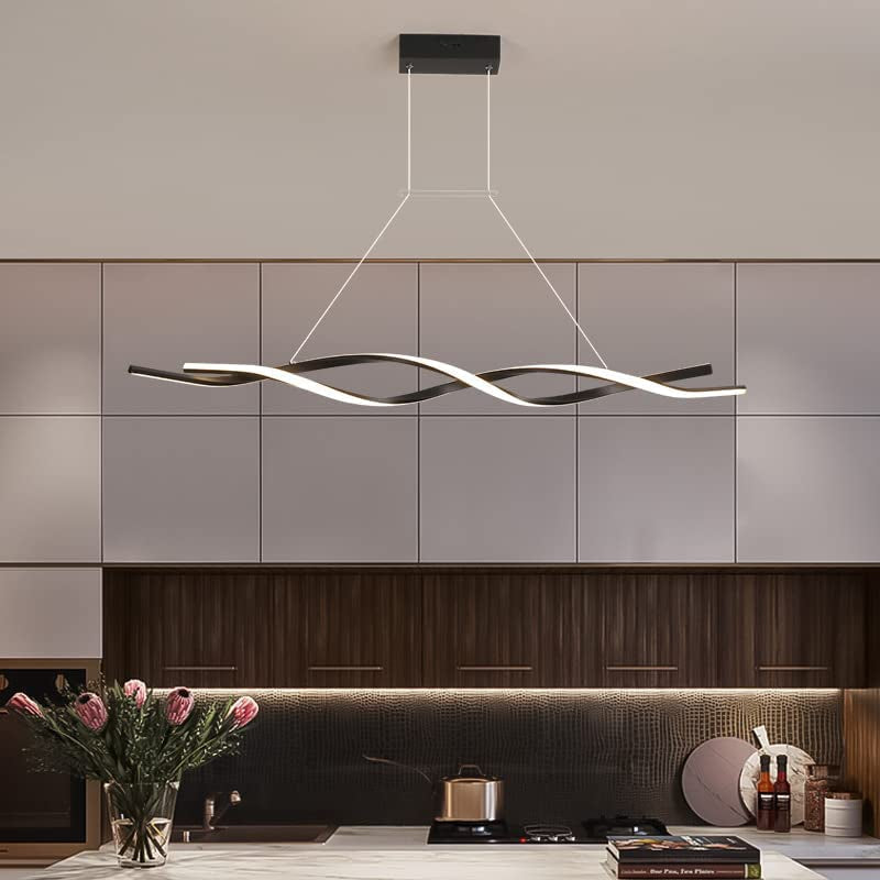 LED Modern Chandelier, Dimmable Ceiling Light with Remote Control L100Xw14Cm Creative Pendant Lights Fixture Acrylic Wave Black Island Light Linear Chandeliers for Dining Room Living Room Kitchen