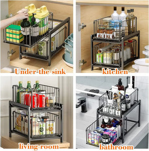 Under Sink Storage 2 Tier Stackable Sliding Basket Organizer Drawer Pull Out Drawer Sliding Basket for Kitchen and Bathroom/Cabinet Drawers,Black