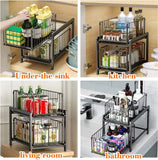 Under Sink Storage 2 Tier Stackable Sliding Basket Organizer Drawer Pull Out Drawer Sliding Basket for Kitchen and Bathroom/Cabinet Drawers,Black