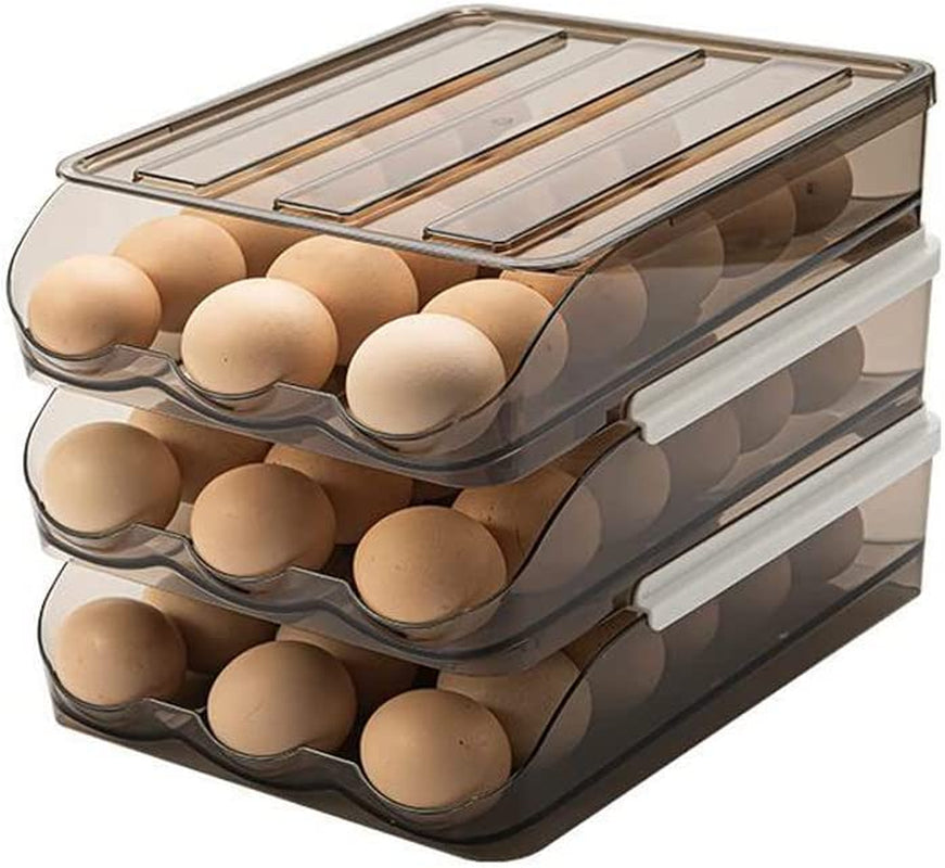 Automatic Rolling Egg Tray Storage Box Kitchen Stackable Holder Storage Container with Lid for Refrigerator Large Capacity Household Egg Fresh Tray Fridge Dispenser Organizer Bin Transparent (3-Tier)