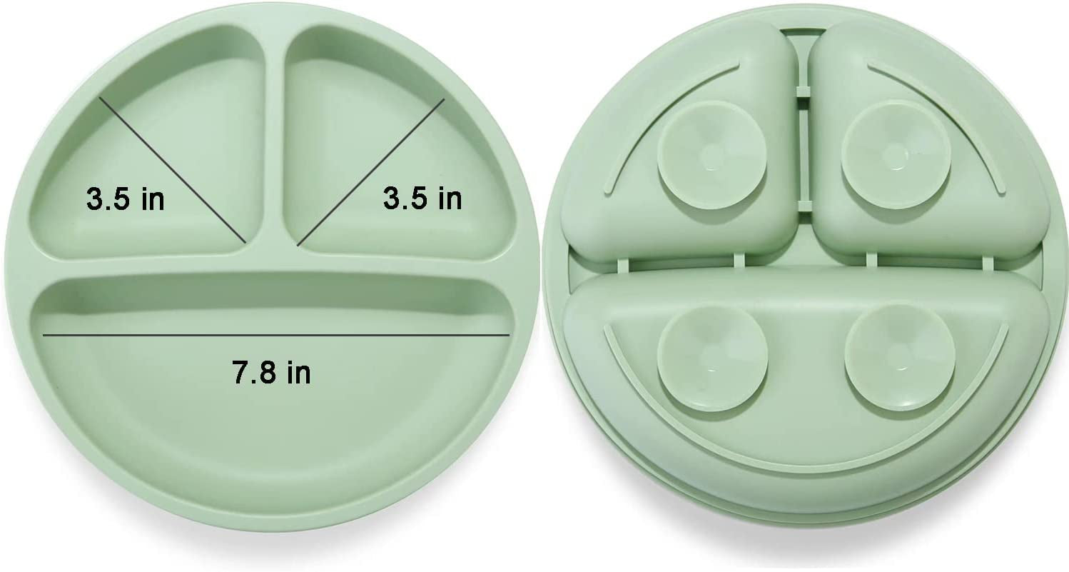 - 3 Pack- Silicone Baby Suction Plates for Toddler Kids Self Feeding, Stay Put Divided Dish Feeding Plates for High Chair Tray, Unbreakable Portable Non Slip (Blue Green Brown)