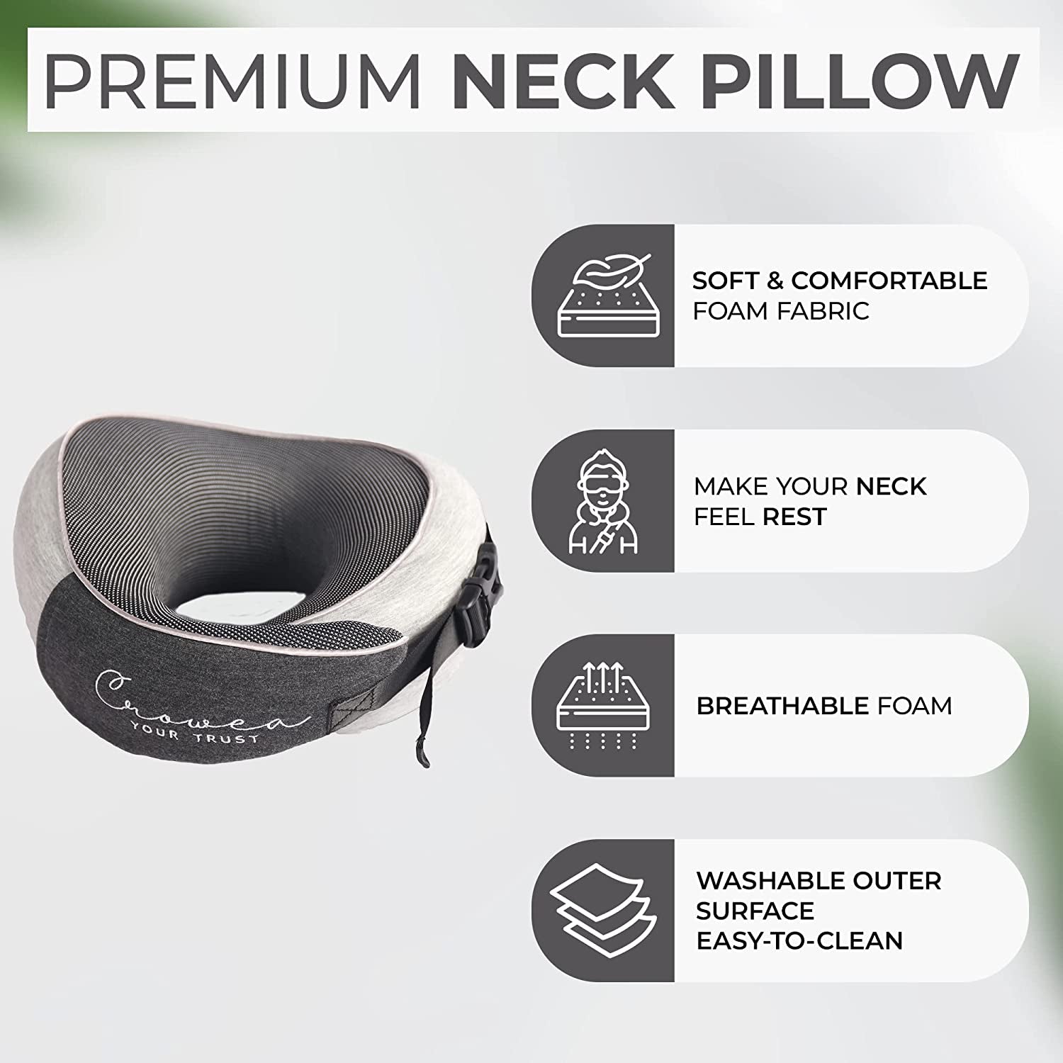 Neck Pillow - 100% Pure Memory Foam Neck Travel Pillow with 360 Degree Comfortable & Breathable Head and Neck Support, Includes Luxury Bag, Eye Mask & Earplugs for Airplane, Car (Black & Grey)